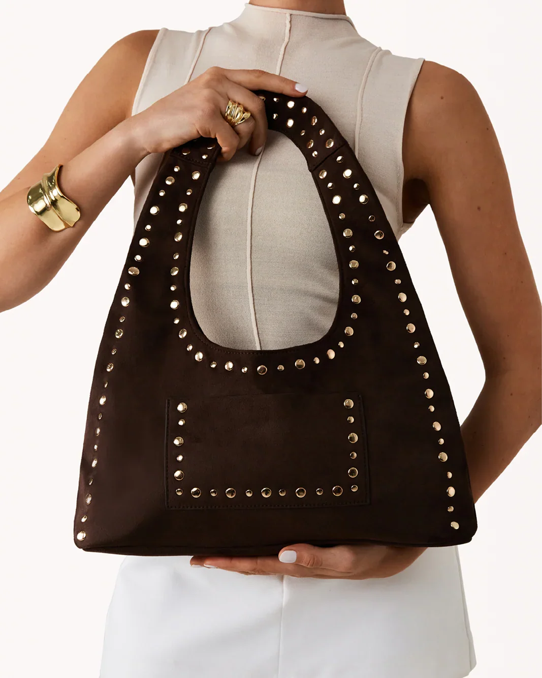 NOAH SHOULDER BAG - DARK CACAO SUEDE-GOLD
