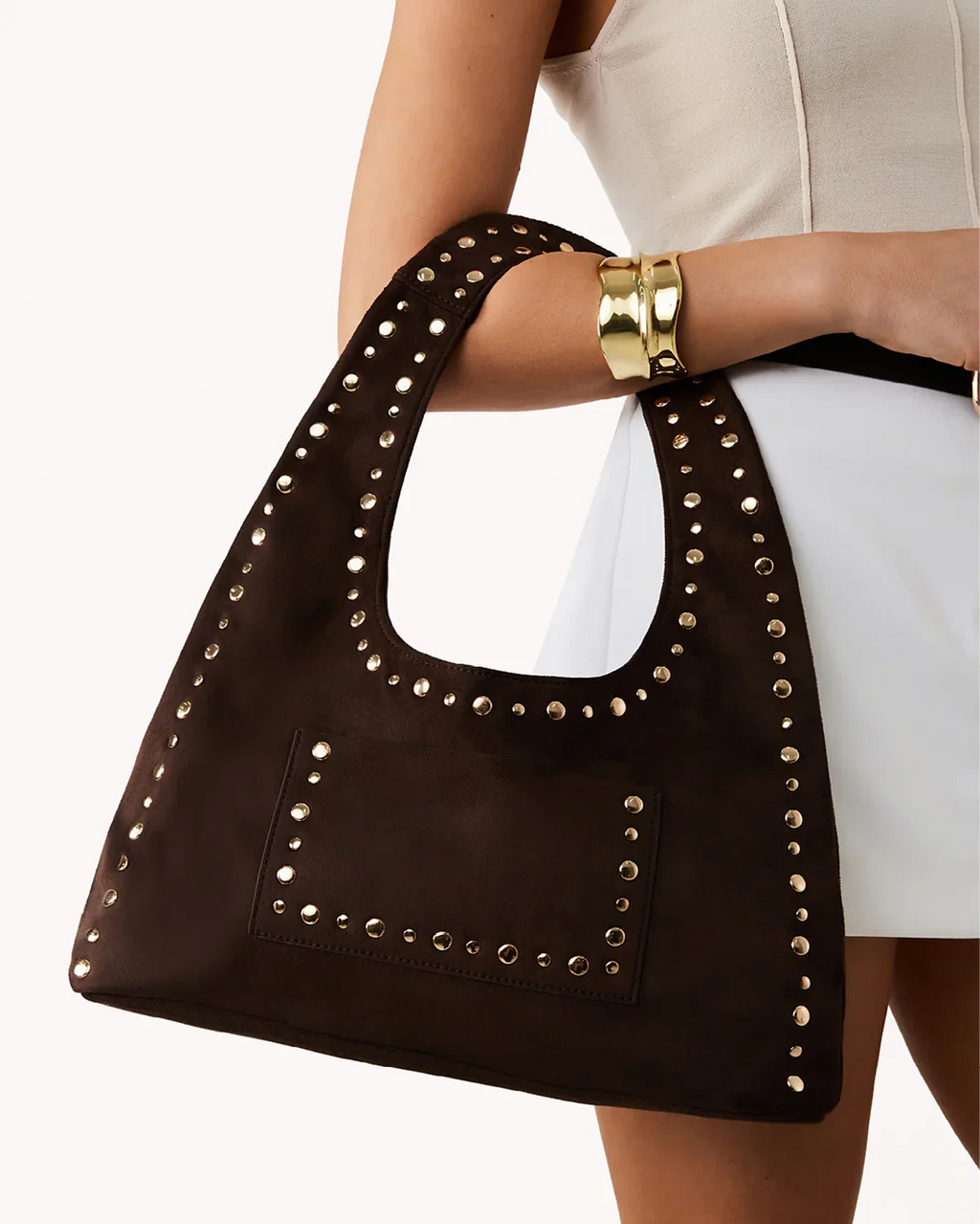 NOAH SHOULDER BAG - DARK CACAO SUEDE-GOLD